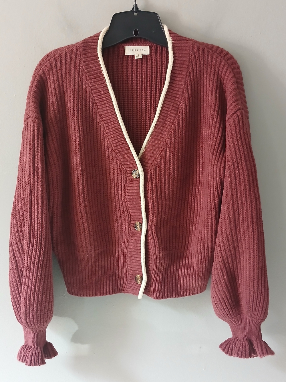 Promesa Women's Size Small Ribbed Knit Button Front Cardigan Sweater Frill Cuff